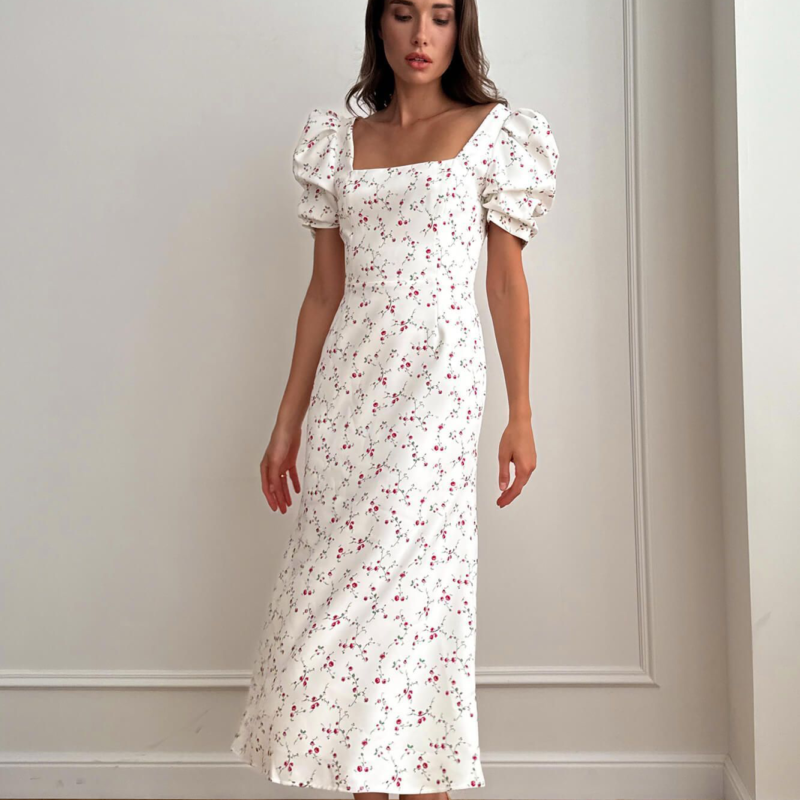 Puff sleeve midi dress with godet skirt | White with red flower