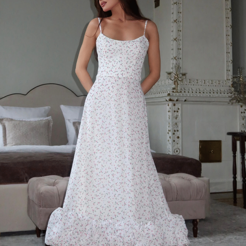 White Floral Midi Fairy Dress with Ruching