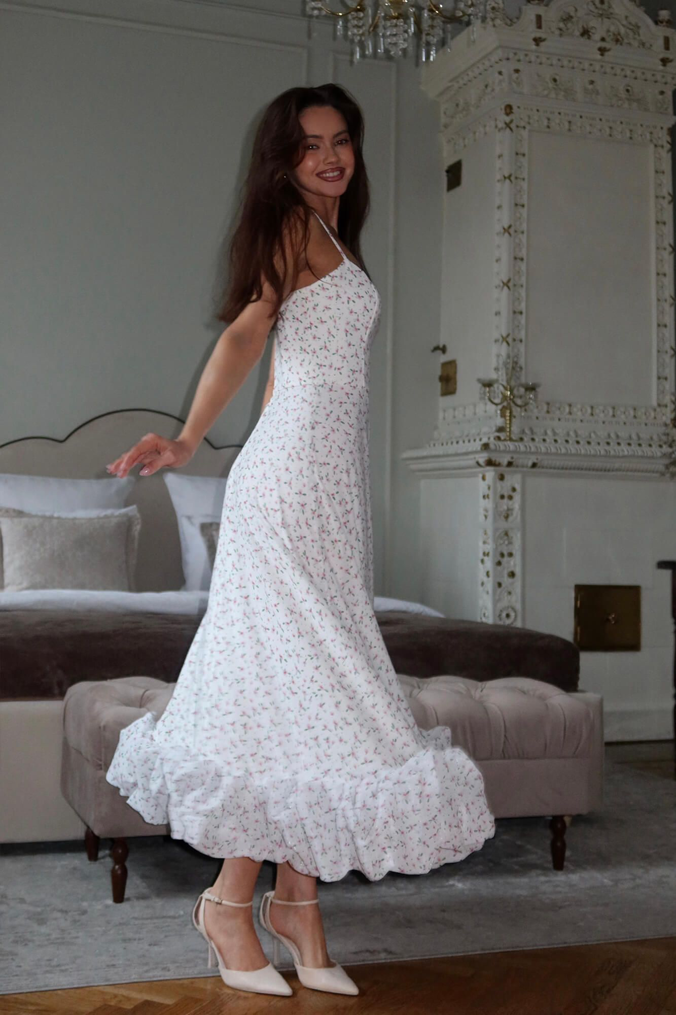 White Floral Midi Fairy Dress with Ruching